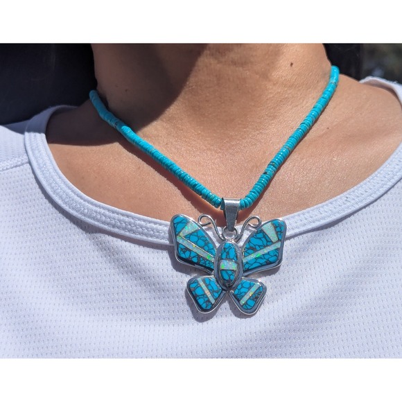 SouthWestArtisans Jewelry - Navajo Necklace Turquoise Butterfly‎ Pendant Handmade Native Amer Jewelry **